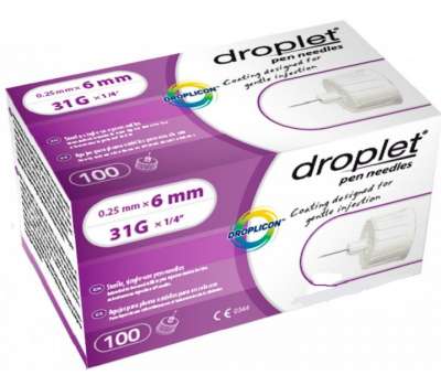 Иглы инсулиновые для шприц-ручек Droplet 6 мм, 100 шт Иглы инсулиновые для шприц-ручек Droplet 6 мм, 100 шт